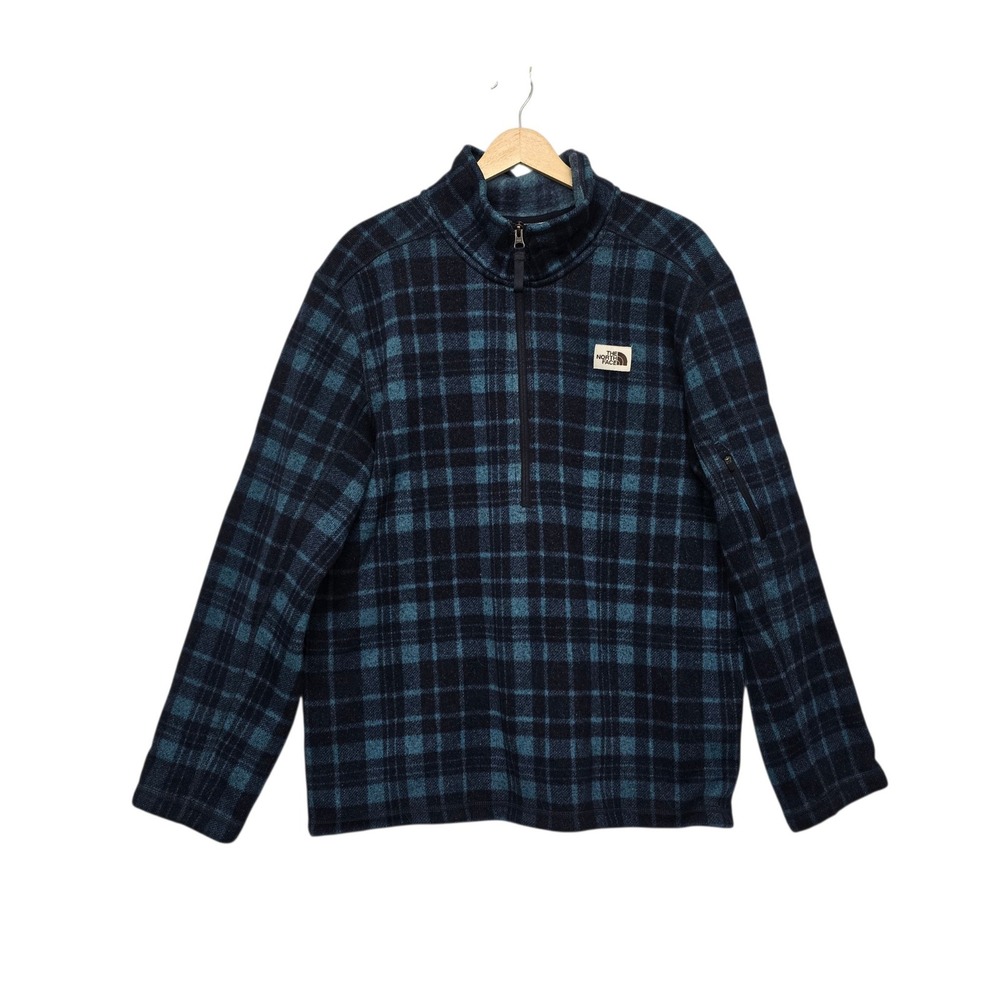 The North Face Mens Size XL Plaid Fleece Quarter Zip Pullover Navy Blue Teal